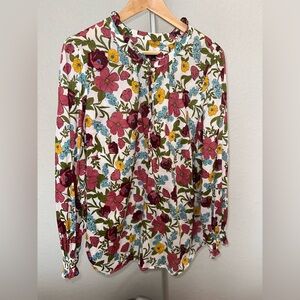 Talbots 1X flowing lightweight 100% cotton floral half button puffy sleeve tunic